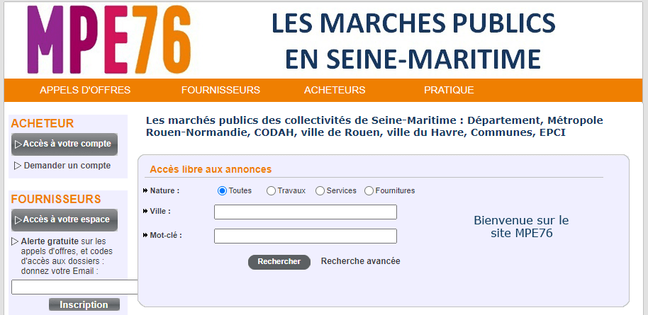 Capture d'écran des marchés publics en Seine-Maritime