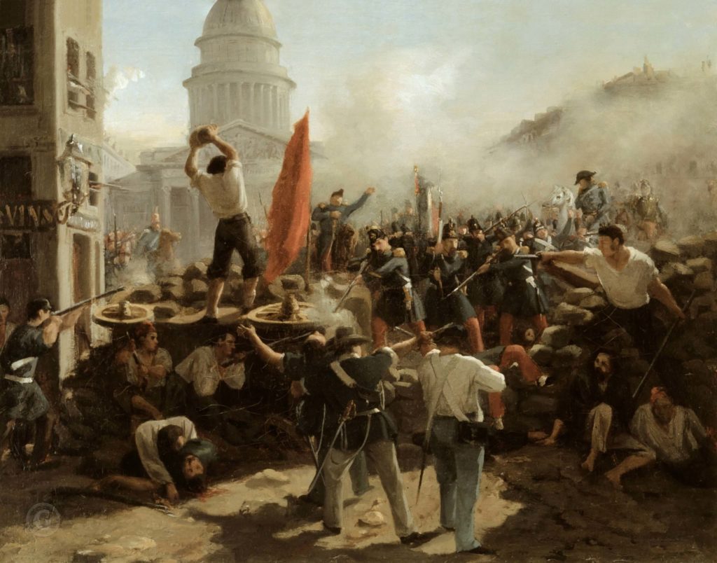 Barricade dans la rue de Soufflot, à Paris, le 25 juin entre 1848 et 1849 – Horace Vernet (1789 – 1863). Huile. N° d’inventaire 1991/33, musée historique allemand, Berlin